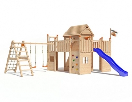 Spielturm Baumhaus Fort Fox von ISIDOR mit erweitertem Schaukelanbau, Doppelschaukel, Rutsche, Kletternetz, hissbarer Fahne und Kletterrampe auf 1,50 Meter Podesthöhe (blau) -