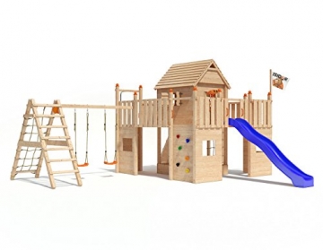 Spielturm Baumhaus Fort Fox von ISIDOR mit erweitertem Schaukelanbau, Doppelschaukel, Rutsche, Kletternetz, hissbarer Fahne und Kletterrampe auf 1,50 Meter Podesthöhe (blau) -