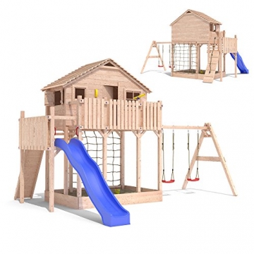 Spielturm Baumhaus Stelzenhaus Spielhaus Sandkasten + Rutsche + Schaukeln 2,0m Podesthöhe (einfacher Schaukelanbau) - 