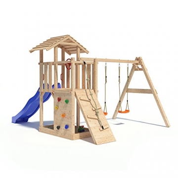 Spielturm EMPIRE von Oskar mit Schaukelanbau, Doppelschaukel, Rutsche, Kletterwand, Lenkrad und Kletterrampe auf 1,20 Meter Podesthöhe - 