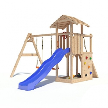 Spielturm EMPIRE von Oskar mit Schaukelanbau, Doppelschaukel, Rutsche, Kletterwand, Lenkrad und Kletterrampe auf 1,20 Meter Podesthöhe -