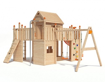 Spielturm Fort Fox von ISIDOR mit Doppelschaukel, Rutsche, Kletternetz, hissbarer Fahne und Kletterrampe auf 1,50 Meter Podesthöhe - 