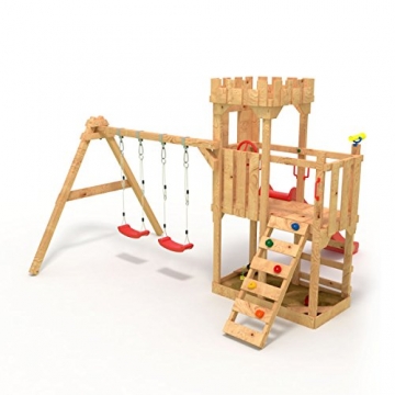 Spielturm - Ritterburg "M" - Kletterturm, Rutsche, Kletterwand und Sandkasten (doppelte Schaukel, Violett) - 1