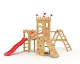 Spielturm - Ritterburg XL - mit 2 Klettertürmen - "2x Schaukel, Rote Rutsche, Netz" Brücke Kletterwand Sandkasten - 1