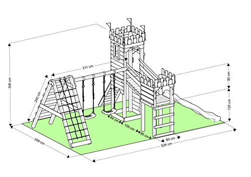 Spielturm - Ritterburg XL - mit 2 Klettertürmen - "2x Schaukel, Rote Rutsche, Netz" Brücke Kletterwand Sandkasten - 3