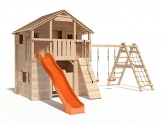 Spielturm Silverado von ISIDOR mit erweitertem Schaukelanbau - Western- Baumhaus mit Doppelschaukel, Rutsche, Kletternetz, Saloontür und Basketballkorb auf 1,50 Meter Podesthöhe -