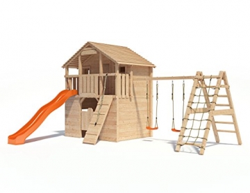Spielturm Silverado von ISIDOR mit erweitertem Schaukelanbau - Western- Baumhaus mit Doppelschaukel, Rutsche, Kletternetz, Saloontür und Basketballkorb auf 1,50 Meter Podesthöhe - 