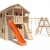 Spielturm Silverado von ISIDOR mit erweitertem Schaukelanbau - Western- Baumhaus mit Doppelschaukel, Rutsche, Kletternetz, Saloontür und Basketballkorb auf 1,50 Meter Podesthöhe -