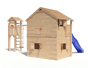 Spielturm Silverado von ISIDOR mit Turm- Schaukelanbau - Western- Baumhaus mit 3-Seiten-Strickleiter, Doppelschaukel, Rutschstange, XXL-Rutsche, Saloontür und Basketballkorb auf 1,50 Meter Podesthöhe - 