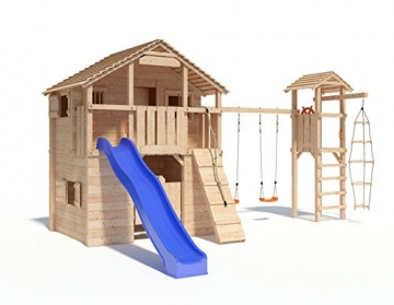 Spielturm Silverado von ISIDOR mit Turm- Schaukelanbau - Western- Baumhaus mit 3-Seiten-Strickleiter, Doppelschaukel, Rutschstange, XXL-Rutsche, Saloontür und Basketballkorb auf 1,50 Meter Podesthöhe -