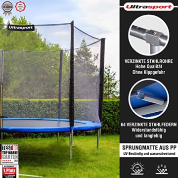 Ultrasport Garden Trampoline Jumper, Trampolin-Komplettset mit Sprungtuch, Sicherheitsnetz, gepolsterten Netzpfosten und Randabdeckung, Sprungturm - ø 305 cm, max. Belastbarkeit 160 Kg, Blau - 2