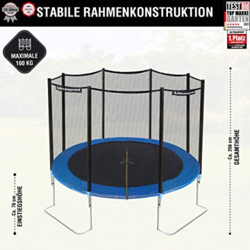 Ultrasport Garden Trampoline Jumper, Trampolin-Komplettset mit Sprungtuch, Sicherheitsnetz, gepolsterten Netzpfosten und Randabdeckung, Sprungturm - ø 305 cm, max. Belastbarkeit 160 Kg, Blau - 3