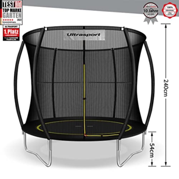 Ultrasport Garten Trampolin mit 244 cm Durchmesser, mit Elastik-Seilsystem statt Sprungfedern, kein Quietschen, belastbar bis 100 kg, Trampolin Komplettset, Farbe: schwarz - 2