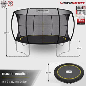 Ultrasport Garten Trampolin mit 366 cm Durchmesser, mit Elastik-Seilsystem statt Sprungfedern, kein Quietschen, belastbar bis 150 kg, Trampolin Komplettset, Farbe: schwarz - 3