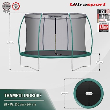 Ultrasport Garten Trampolin XL, 244 cm Durchmesser, belastbar bis 100 kg, großes Outdoor Trampolin mit viel Platz und vielen Sicherheitsmerkmalen, Trampolin Komplettset, Grün - 3