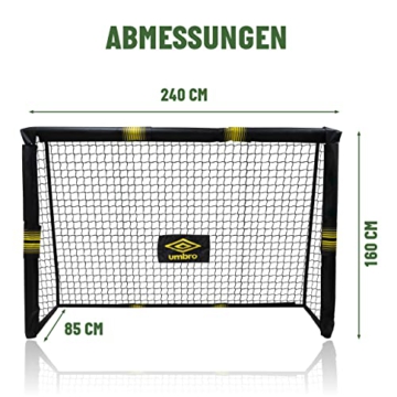 Umbro Fußballtor - 240 x 160 x 85 cm - Metall - Fußballtrainingszubehör für alle Altersgruppen - Einfache Montage - Schwarz/Gelb - 3