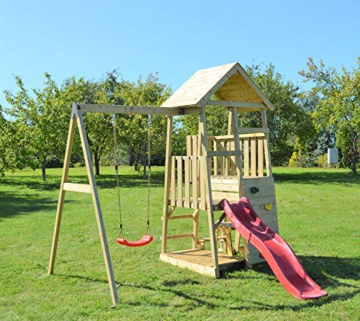 Wendi Toys Holz Spielhaus Stelzenhaus Klettergerüst Gorilla inkl. Picknicktisch, Schaukel und Rutsche rot - 3