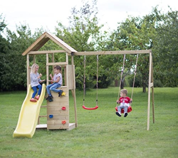 Wendi Toys Holz Spielhaus Stelzenhaus Klettergerüst Pinguin inkl. Picknicktisch, Schaukel, Rutsche gelb - 2