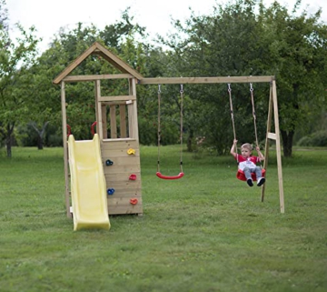 Wendi Toys Holz Spielhaus Stelzenhaus Klettergerüst Pinguin inkl. Picknicktisch, Schaukel, Rutsche gelb - 4