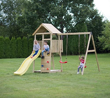 Wendi Toys Holz Spielhaus Stelzenhaus Klettergerüst Pinguin inkl. Picknicktisch, Schaukel, Rutsche gelb - 5