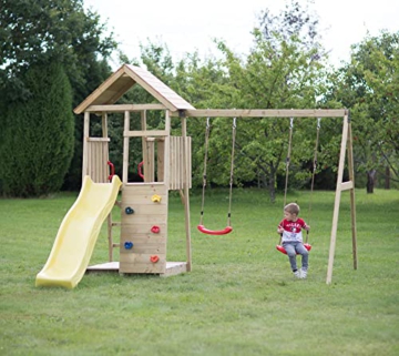 Wendi Toys Holz Spielhaus Stelzenhaus Klettergerüst Pinguin inkl. Picknicktisch, Schaukel, Rutsche gelb - 6