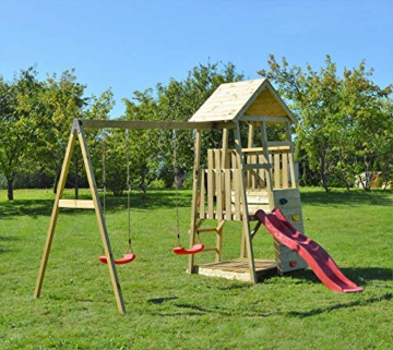 Wendi Toys Holz Spielhaus Stelzenhaus Klettergerüst Salamander inkl. Schaukel und Rutsche rot - 2