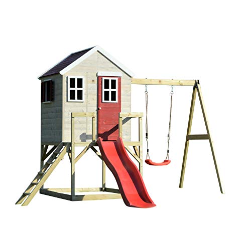 Wendi Toys M24R Nordic Lodge & Plattform & Rutsche & Schaukeln | Garten Kinderspielhaus rot aus Holz für Kinder Spielahaus - 1