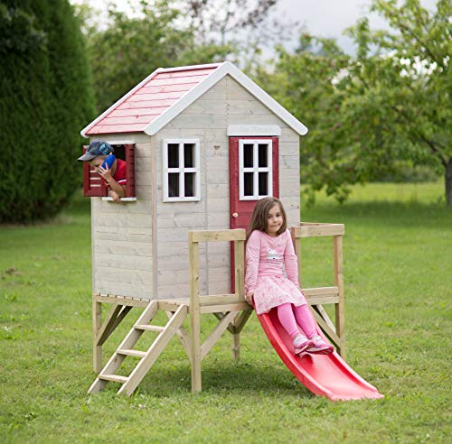 Wendi Toys M26R Kinder Gartenhaus | Spielturm mit Rutsche un Veranda 60 cm | Outdoor Kinder Spielhaus 260 x 170 x 212 cm Rot | Kinderhaus Spielhaus für draussen - 2