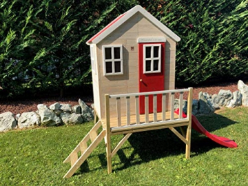Wendi Toys M4 Nordic Garden House WE-703 + WE-705 + WE-711| Kinderspielhaus auf Plattform mit Rutsche 118 cm| Kinder Holz Spielhaus Gartenhaus mit Fenstern, Leiter, Rutsche, Volltür - 2