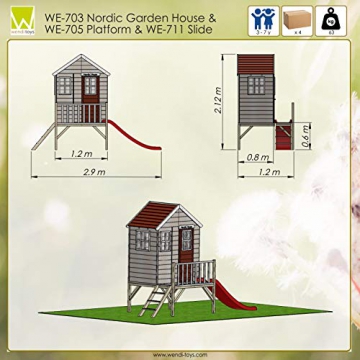Wendi Toys M4 Nordic Garden House WE-703 + WE-705 + WE-711| Kinderspielhaus auf Plattform mit Rutsche 118 cm| Kinder Holz Spielhaus Gartenhaus mit Fenstern, Leiter, Rutsche, Volltür - 6