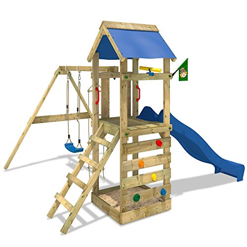 WICKEY FreeFlyer Spielturm Kletterturm mit Rutsche Schaukel Sandkasten + Zubehör-Komplettset (blaue Rutsche / blaue Dachplane) -