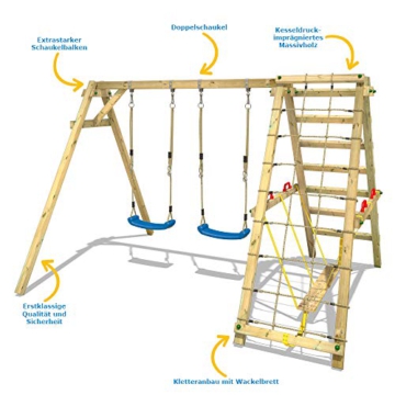 WICKEY Kinderschaukel Schaukelgestell Smart Hike blau - Schaukel & SurfSwing, Schaukelgerüst, Doppelschaukel, Holzschaukel mit Kletteranbau für Kinder im Garten - 3