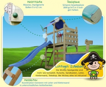 WICKEY Seaflyer Spielturm Rutsche Schaukel Sandkasten (blaue Rutsche / blaue Dachplane) - 