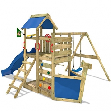 WICKEY Seaflyer Spielturm Rutsche Schaukel Sandkasten (blaue Rutsche / blaue Dachplane) -