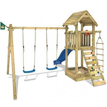 WICKEY Spielturm Captain's Tower+ Kinder-Spielhaus Holz Spielplatz Garten mit Holzdach, Doppelschaukel und blauer Rutsche - 