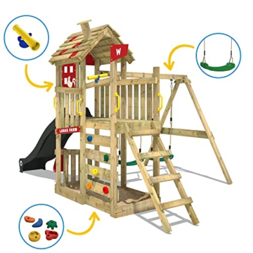 WICKEY Spielturm Klettergerüst FarmFlyer mit Schaukel, roter Plane & anthraziter Rutsche, Outdoor Kinder Kletterturm mit Sandkasten, Leiter & Spiel-Zubehör für den Garten - 3