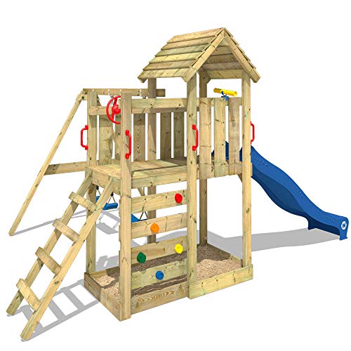 WICKEY Spielturm Klettergerüst MultiFlyer Holzdach mit Schaukel & anthraziter Rutsche, Kletterturm mit Holzdach, Sandkasten, Leiter & Spiel-Zubehör - 5