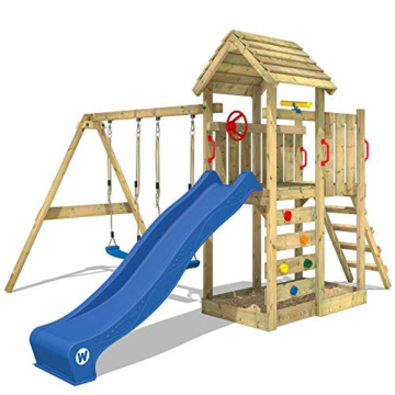 WICKEY Spielturm Klettergerüst MultiFlyer Holzdach mit Schaukel & blauer Rutsche, Kletterturm mit Holzdach, Sandkasten, Leiter & Spiel-Zubehör - 1