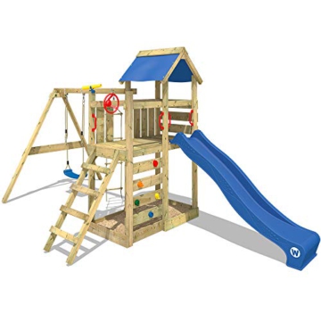 WICKEY Spielturm Klettergerüst MultiFlyer mit Schaukel & blauer Rutsche, Kletterturm mit Sandkasten, Leiter & Spiel-Zubehör - 4