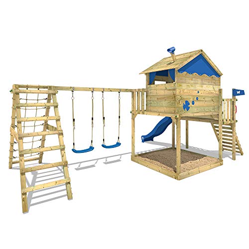 WICKEY Spielturm Klettergerüst Smart Ocean mit Schaukel & blauer Rutsche, Stelzenhaus mit Sandkasten, Kletterleiter & Spiel-Zubehör - 4