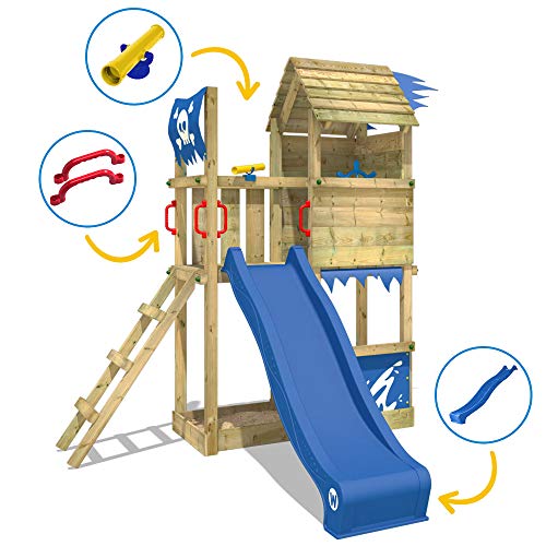 WICKEY Spielturm Klettergerüst Smart Sparrow mit blauer Rutsche, Kletterturm mit Sandkasten, Leiter & Spiel-Zubehör - 3