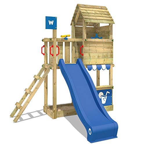 WICKEY Spielturm Klettergerüst Smart Sparrow mit blauer Rutsche, Kletterturm mit Sandkasten, Leiter & Spiel-Zubehör - 1