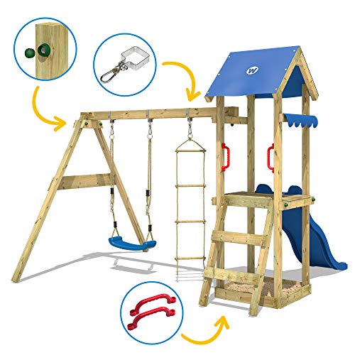 WICKEY Spielturm Klettergerüst TinyCabin mit Schaukel & roter Rutsche, Kletterturm mit Sandkasten, Leiter & Spiel-Zubehör - 3