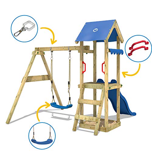 WICKEY Spielturm Klettergerüst TinyWave mit Schaukel & blauer Rutsche, Kletterturm mit Sandkasten, Leiter & Spiel-Zubehör - 3