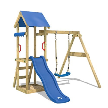 WICKEY Spielturm Klettergerüst TinyWave mit Schaukel & blauer Rutsche, Kletterturm mit Sandkasten, Leiter & Spiel-Zubehör - 1