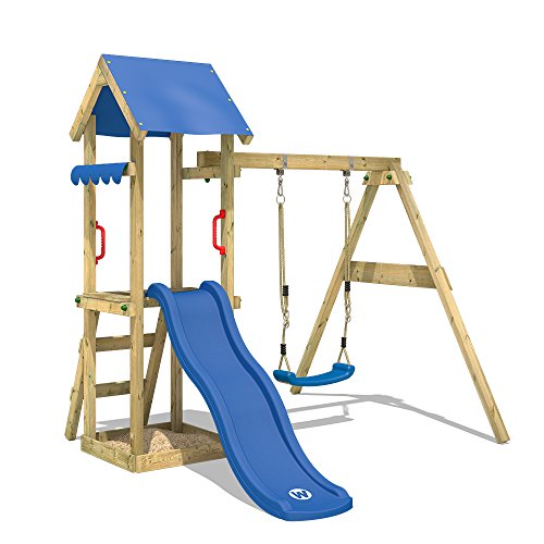 WICKEY Spielturm Klettergerüst TinyWave mit Schaukel & blauer Rutsche, Kletterturm mit Sandkasten, Leiter & Spiel-Zubehör - 1
