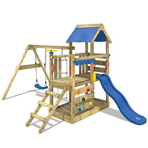 WICKEY Spielturm Klettergerüst TurboFlyer mit Schaukel & blauer Rutsche, Kletterturm mit Sandkasten, Leiter & Spiel-Zubehör - 1