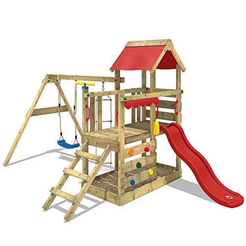 WICKEY Spielturm Klettergerüst TurboFlyer mit Schaukel & roter Rutsche, Kletterturm mit Sandkasten, Leiter & Spiel-Zubehör - 1