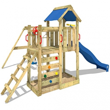 WICKEY Spielturm 'MultiFlyer' Klettergerüst mit blauer Rutsche und oranger Plane - 2
