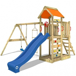 WICKEY Spielturm 'MultiFlyer' Klettergerüst mit blauer Rutsche und oranger Plane - 1
